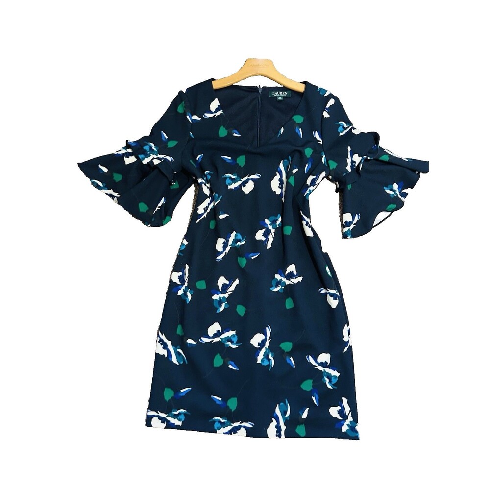 LAUREN RALPH LAUREN SZ 10 Navy Blue Floral Bell Sleeve Jersey Midi Dress V Neck